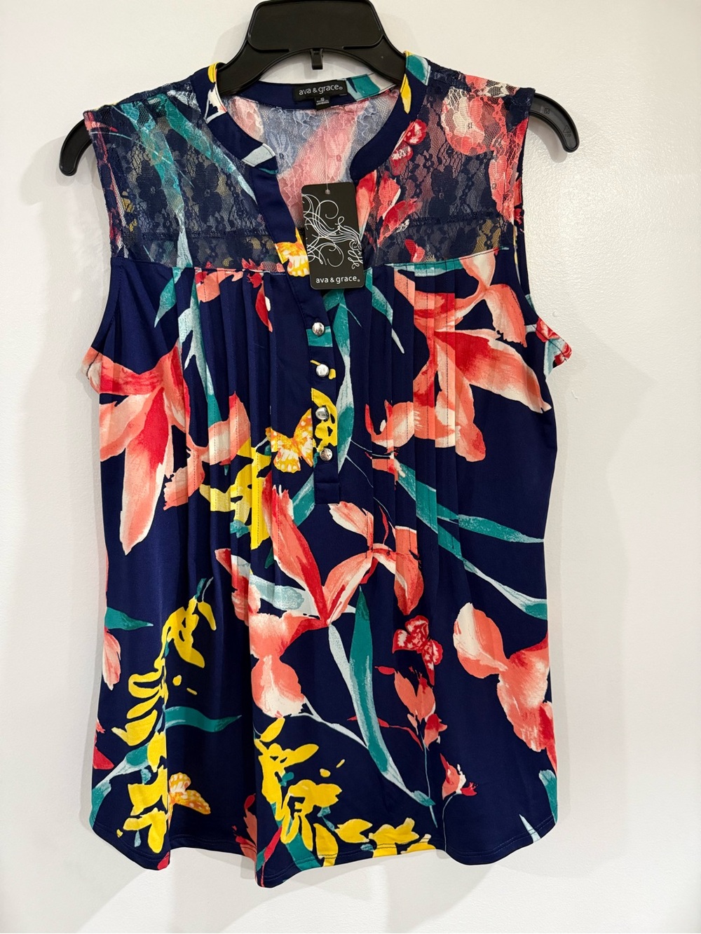 Ava & Grace Navy Floral Lace-Trim Sleeveless Camisole